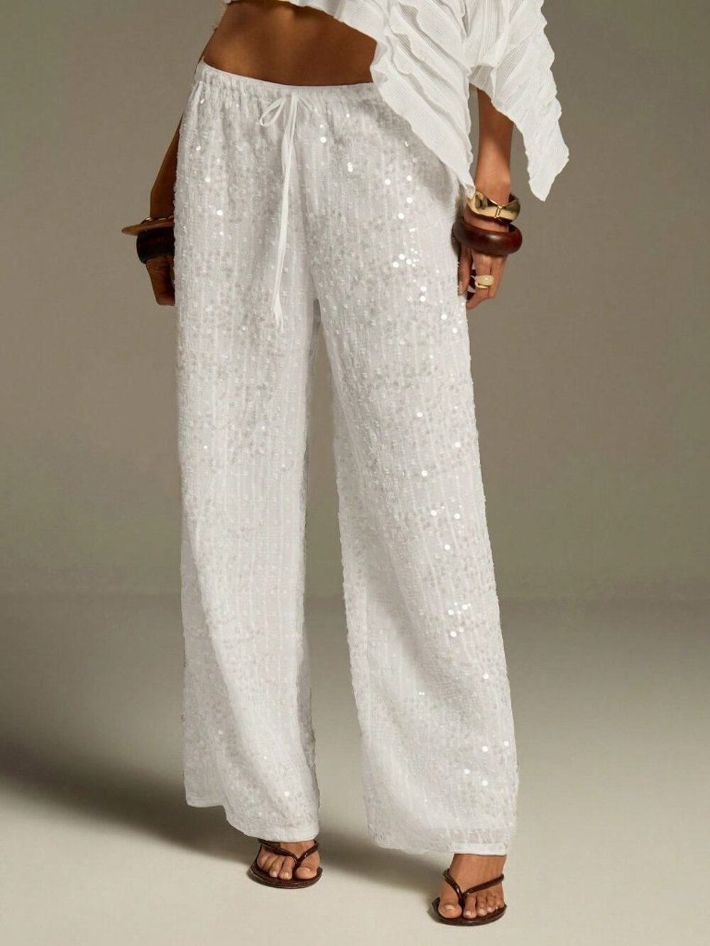 White Party Women's Casual Sequin Low Waist Wide Leg Pants